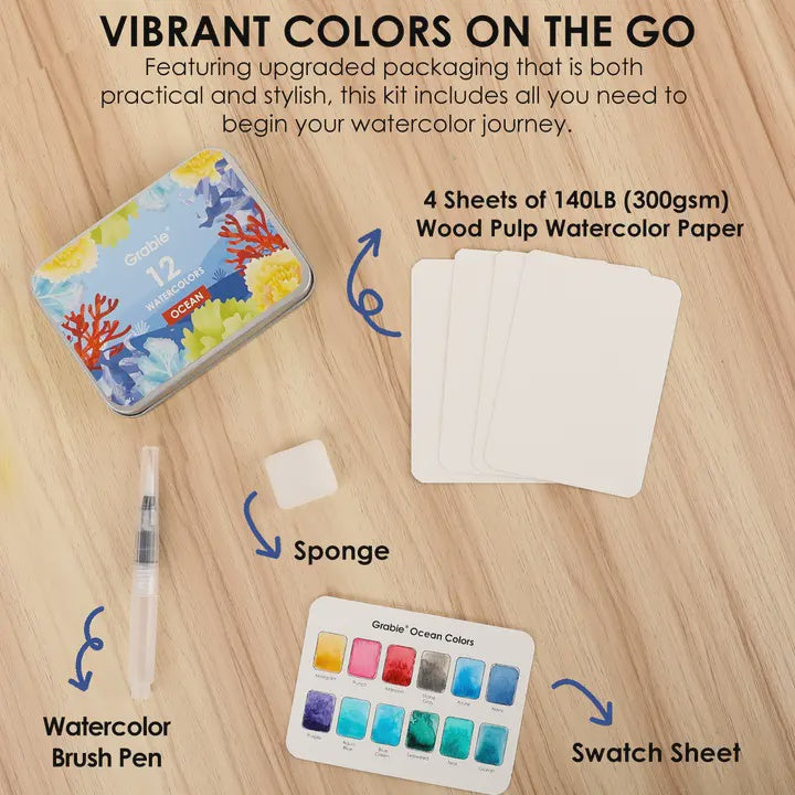 Watercolor Pocket Set w Brush - Ocean Colors