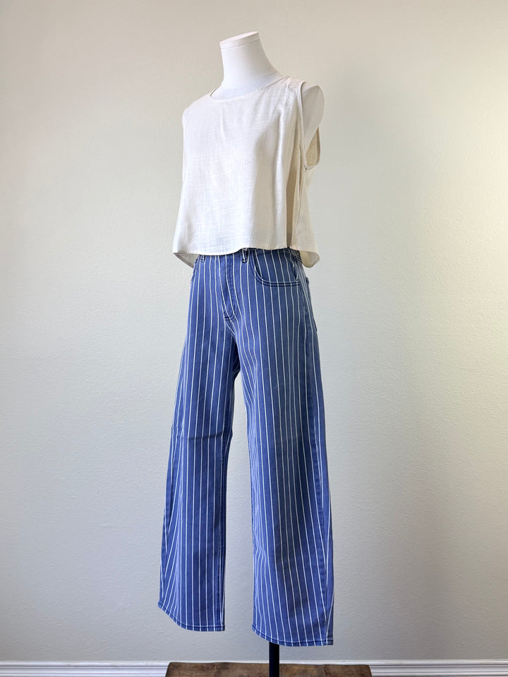Navy Stripe Barrel Jean