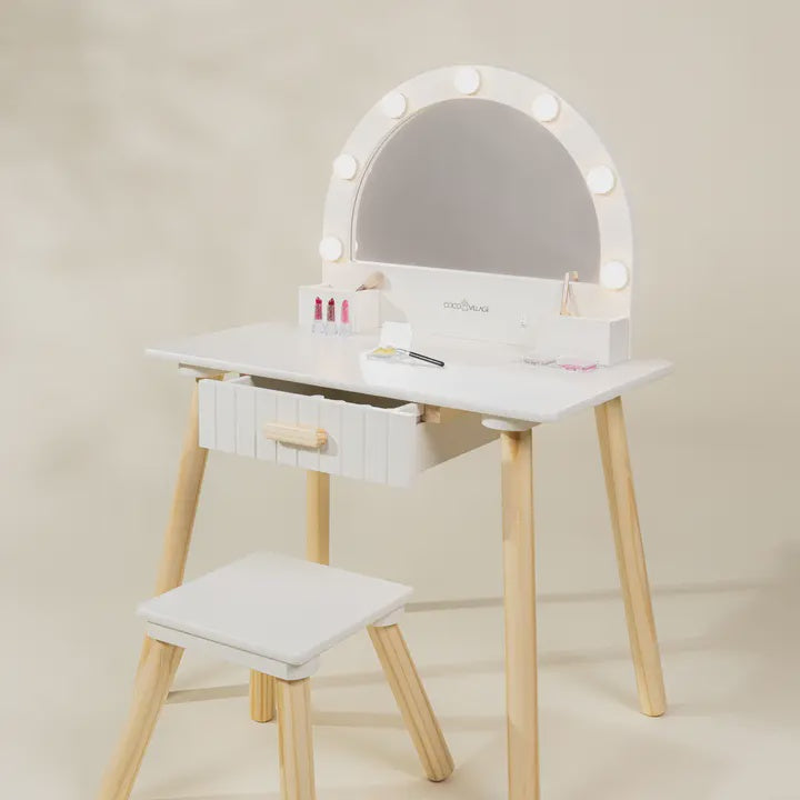 Wooden Play Vanity with Lighted Mirror & Stool