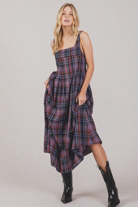 Navy Plaid Midi Dress
