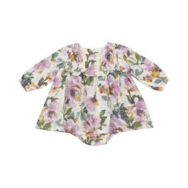 Watercolor Rose L/s Smocked Ruffle Bubble W/ Skirt